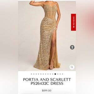 Portia and Scarlett Gold Sequin Strapless Corset Gown with Thigh Slit